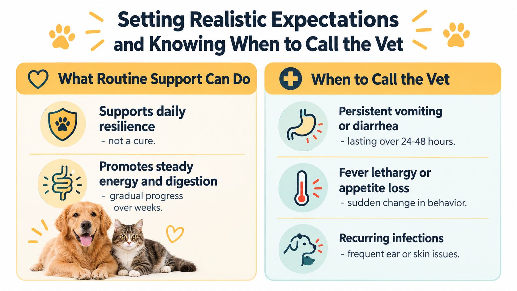 An infographic titled Setting Realistic Expectations and Knowing When to Call the Vet for pets.