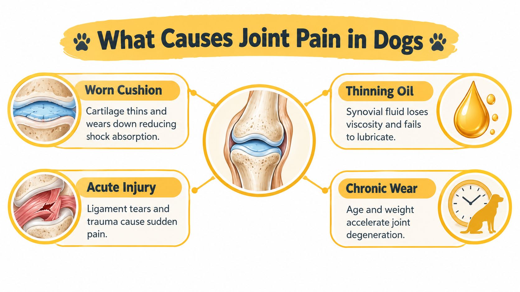 An infographic illustrating four common causes of joint pain in dogs including cartilage wear and injuries.