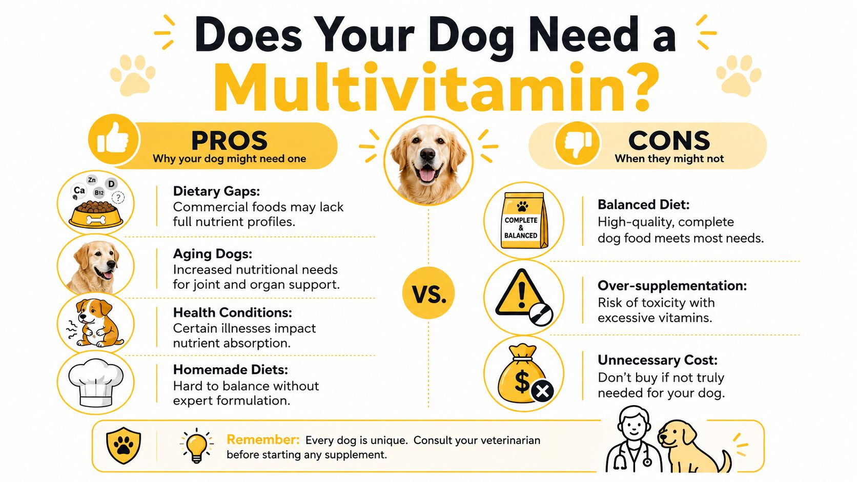 An infographic comparing the pros and cons of giving your dog a multivitamin supplement for health.