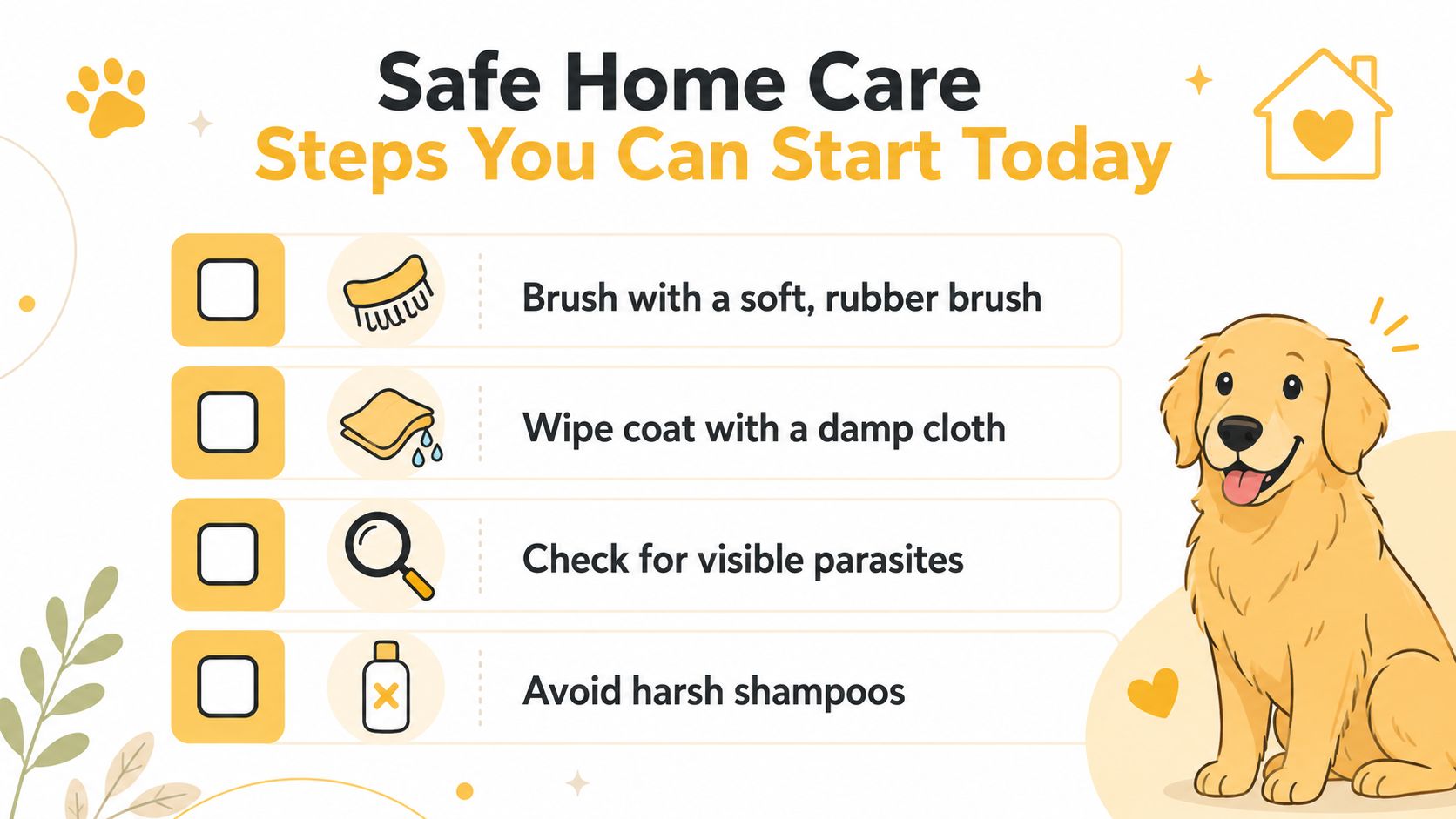 A helpful infographic titled Safe Home Care listing four simple tips for maintaining a dog's coat health.