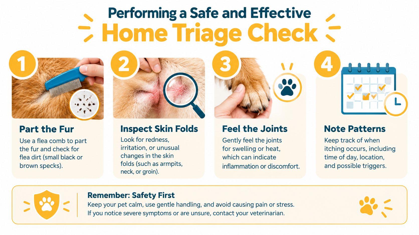 A four-step infographic illustrating how to perform a safe home triage health check on your pet.
