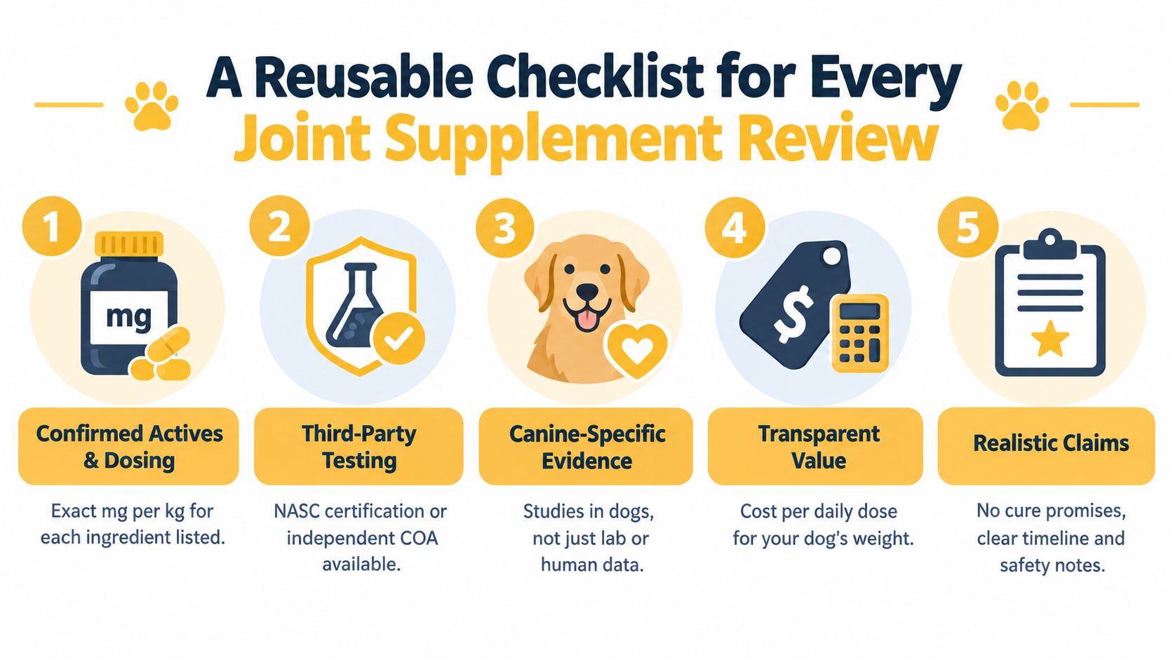 A five-step infographic showing a checklist for evaluating dog joint supplements including testing, ingredients, and evidence.
