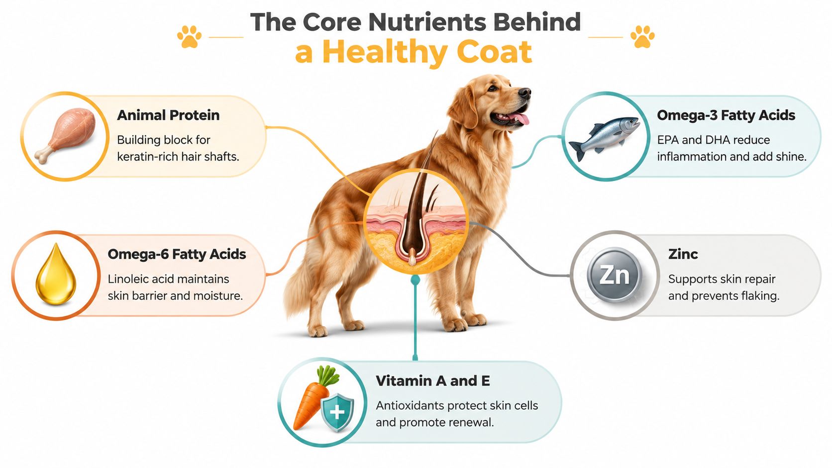 A diagram explaining core dog nutrients like protein, fatty acids, zinc, and vitamins for healthy skin and coat.