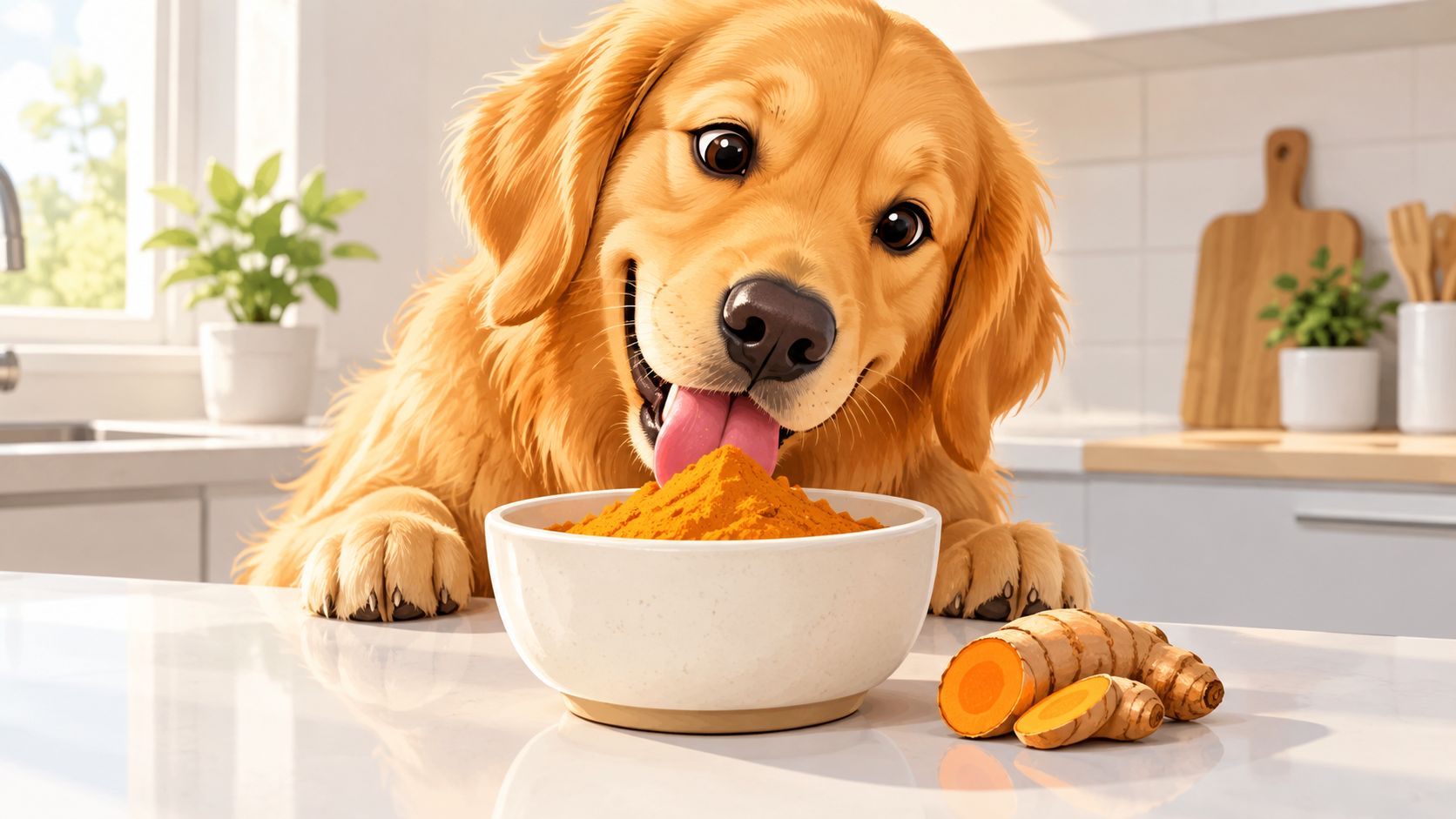 A happy golden retriever puppy eating turmeric powder from a white bowl on a kitchen counter.