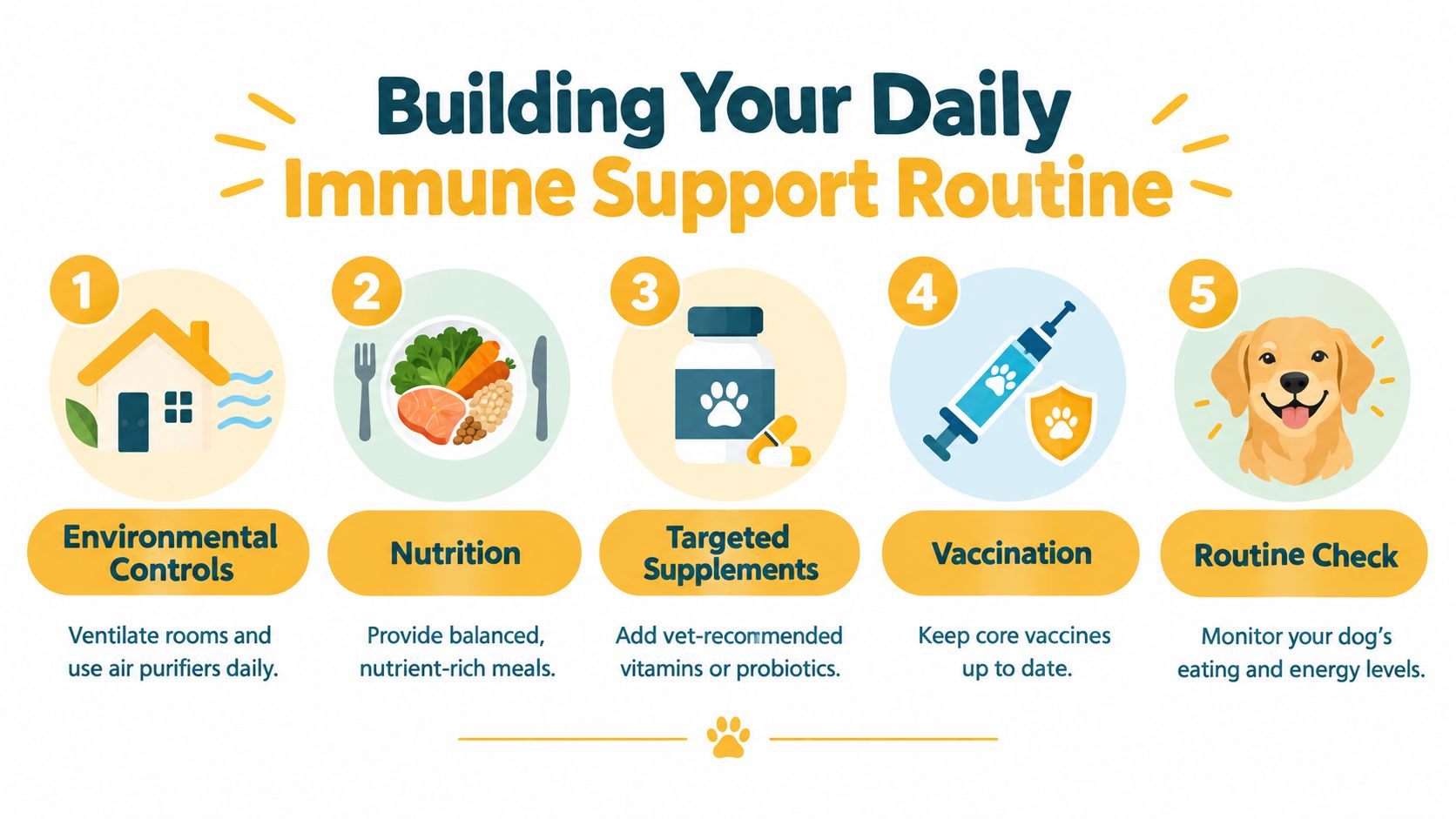 An infographic titled Building Your Daily Immune Support Routine for dogs featuring five essential wellness steps.