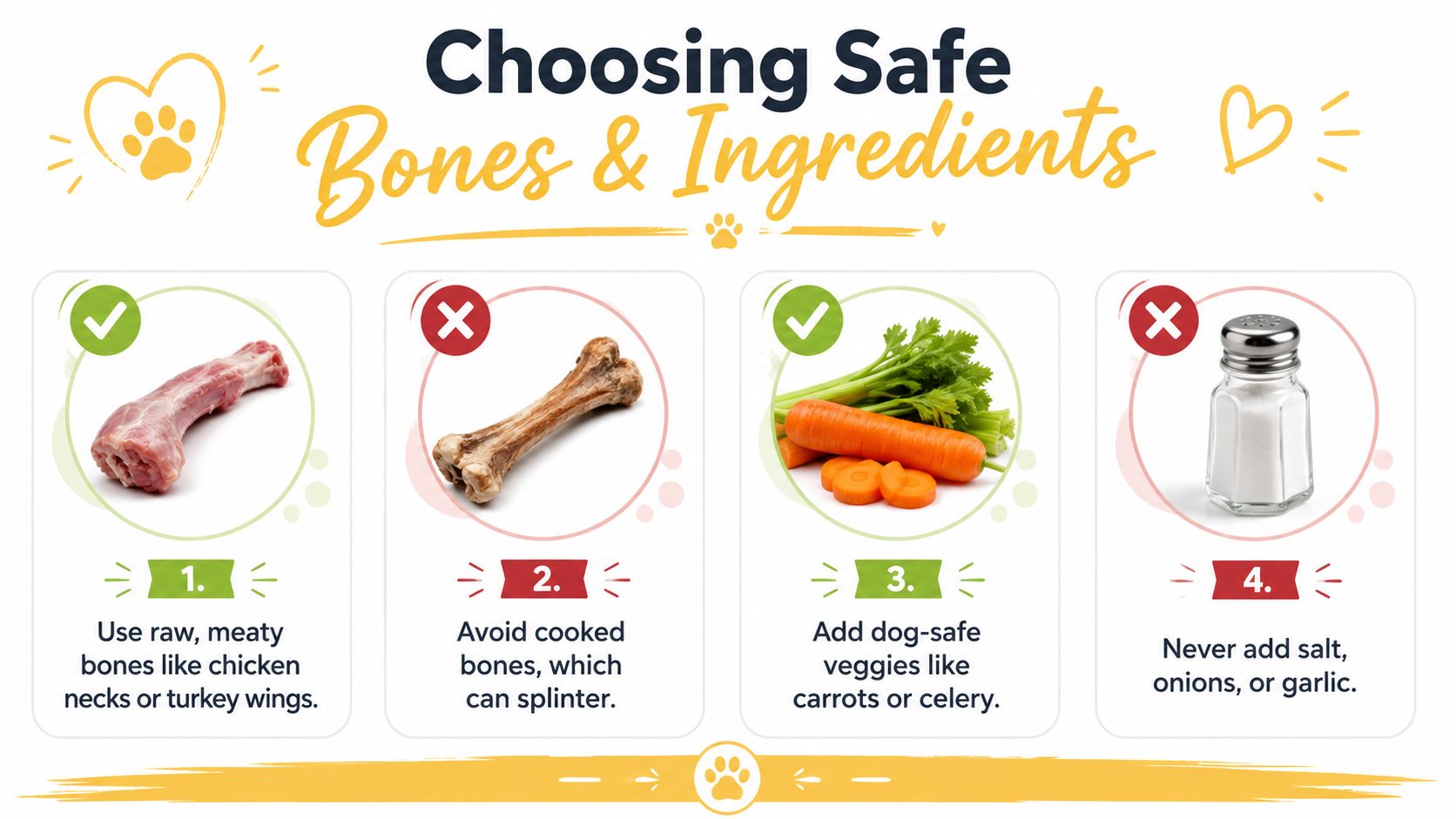 A visual guide showing four tips for choosing safe dog-friendly bones and ingredients for healthy meals.