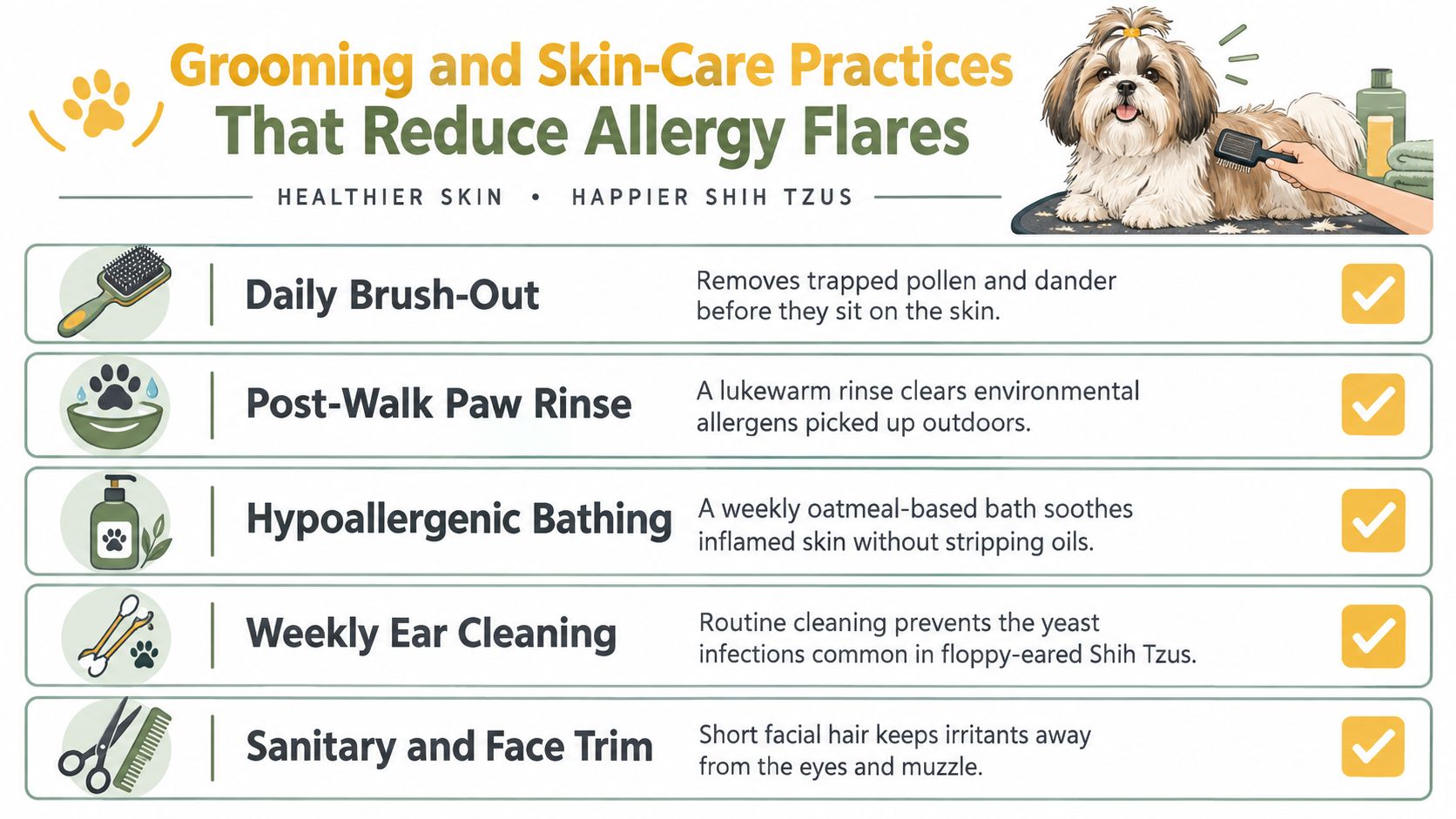 A list of five essential grooming and skin-care practices to help reduce allergy flares in Shih Tzu dogs.