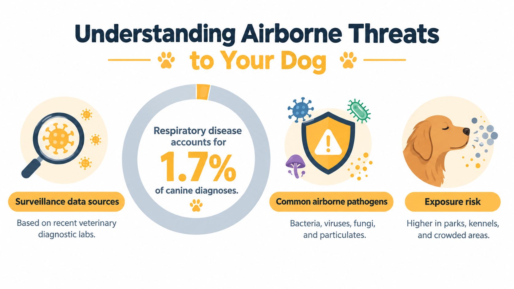 An infographic titled Understanding Airborne Threats to Your Dog, highlighting disease statistics, pathogens, and exposure risks.