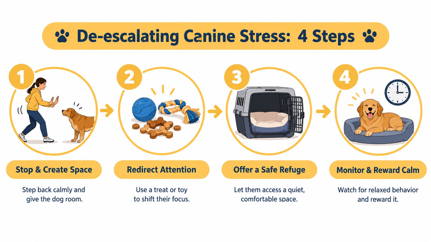 An infographic illustrating four steps to de-escalate canine stress using calming techniques and positive reinforcement.