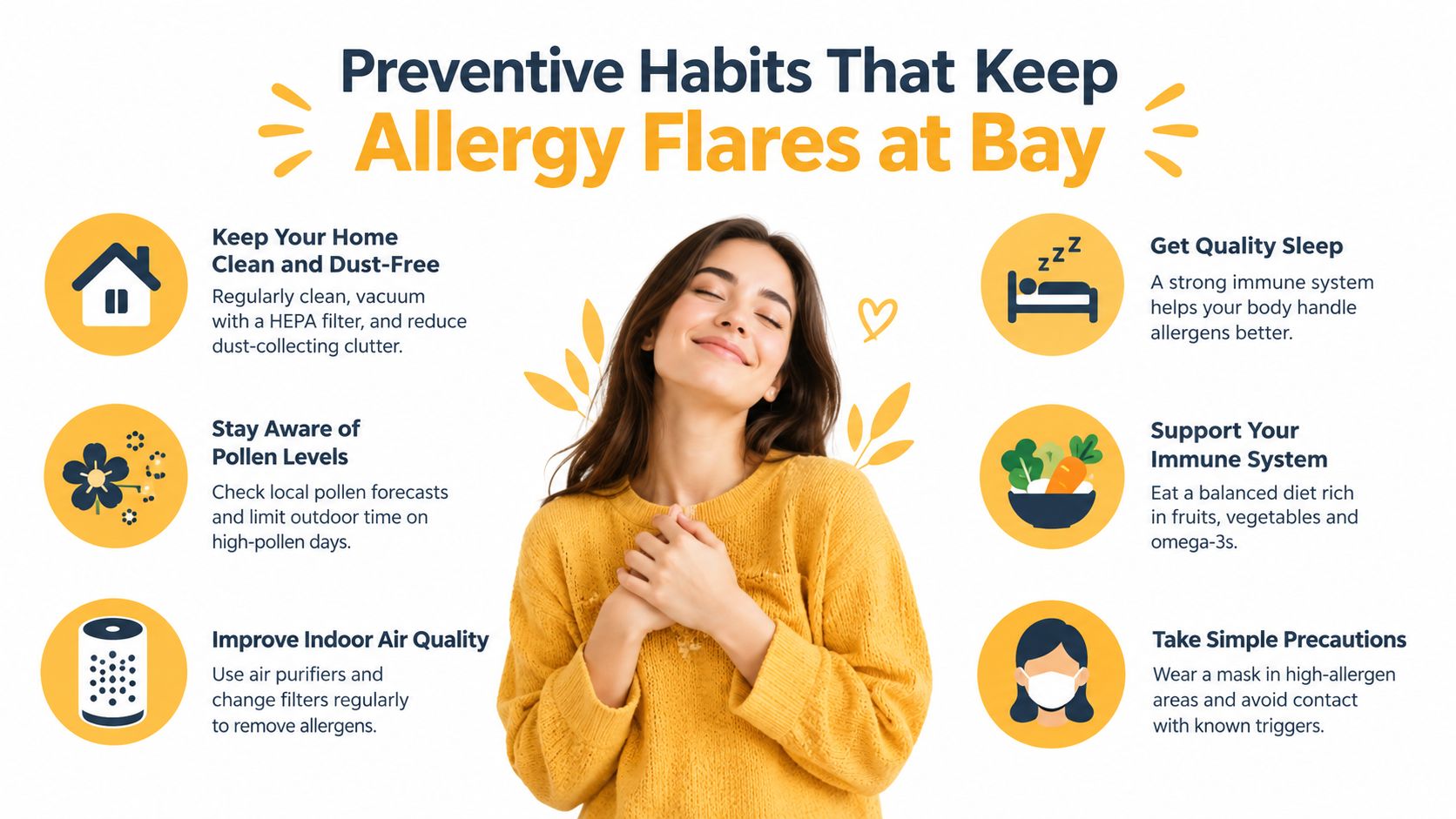 A woman smiling peacefully, surrounded by icons representing healthy habits to reduce and prevent allergy flare-ups.