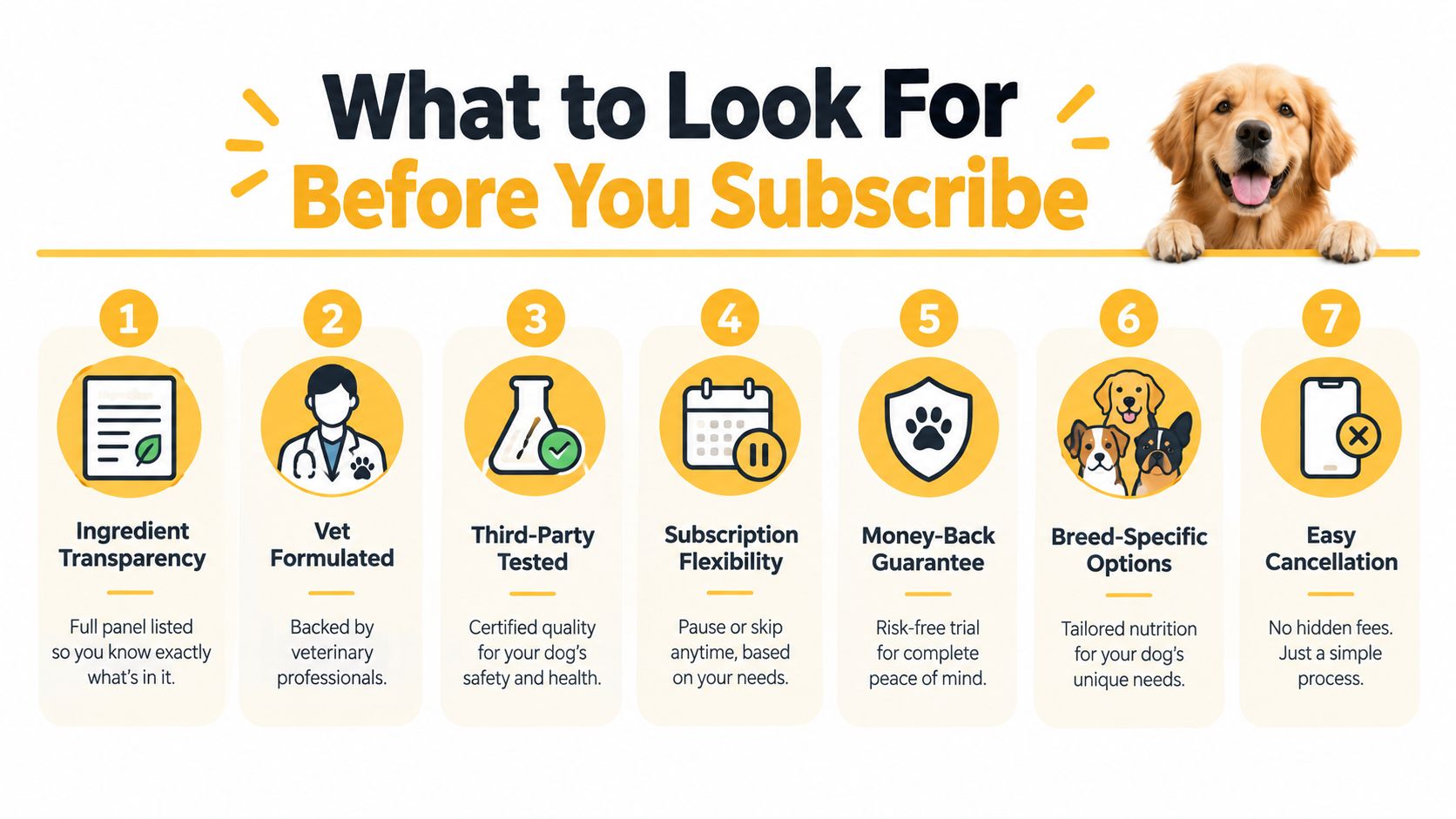 An infographic detailing seven essential factors to consider before subscribing to a dog supplement service.