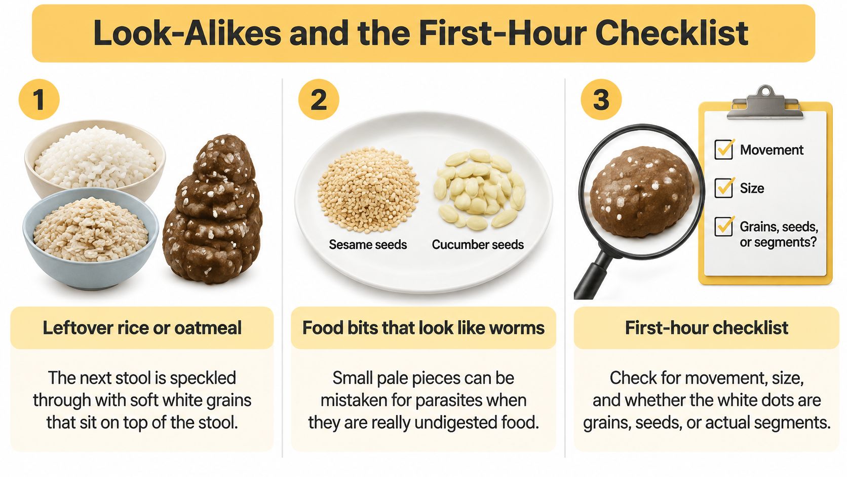 An infographic titled Look-Alikes and the First-Hour Checklist showing common food items mistaken for dog parasites.