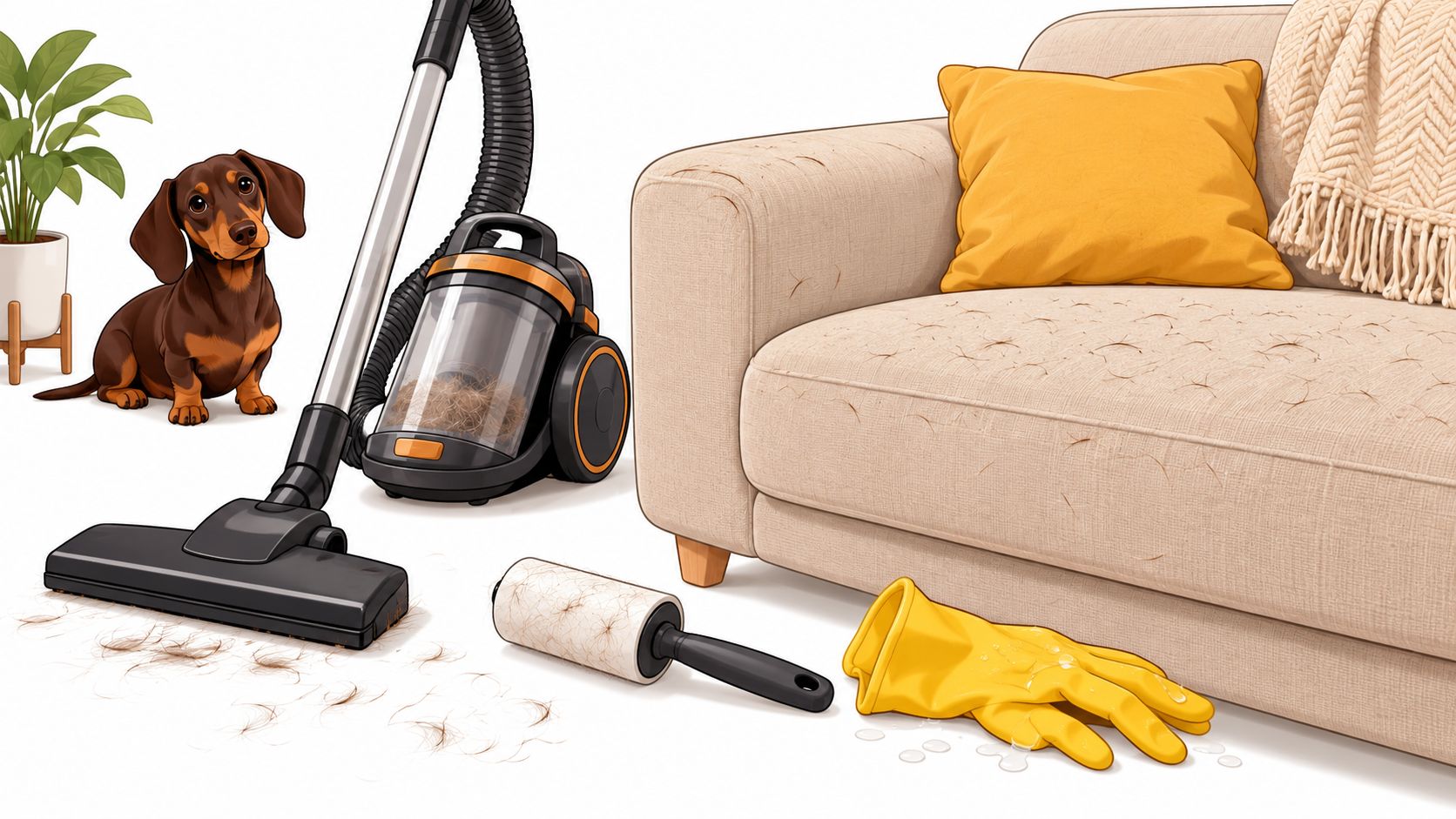 A dachshund sitting near a vacuum cleaner, lint roller, and yellow cleaning gloves on a hair-covered sofa.