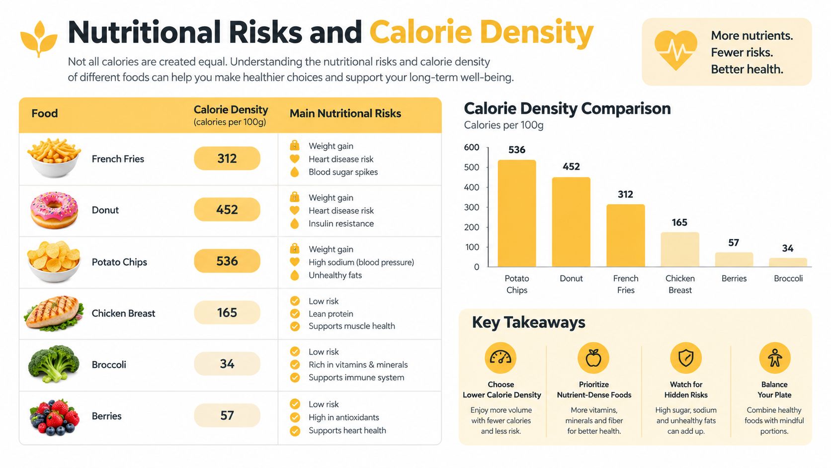A chart illustrating the nutritional risks and calorie density of various common food items for better health.