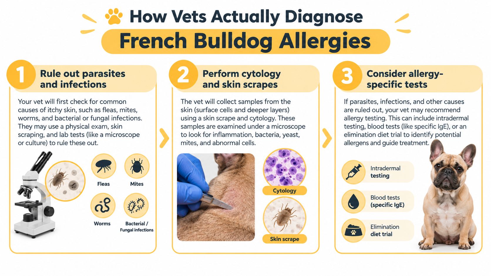 An infographic detailing the three-step medical process for diagnosing allergies in French Bulldogs, featuring diagnostic methods.