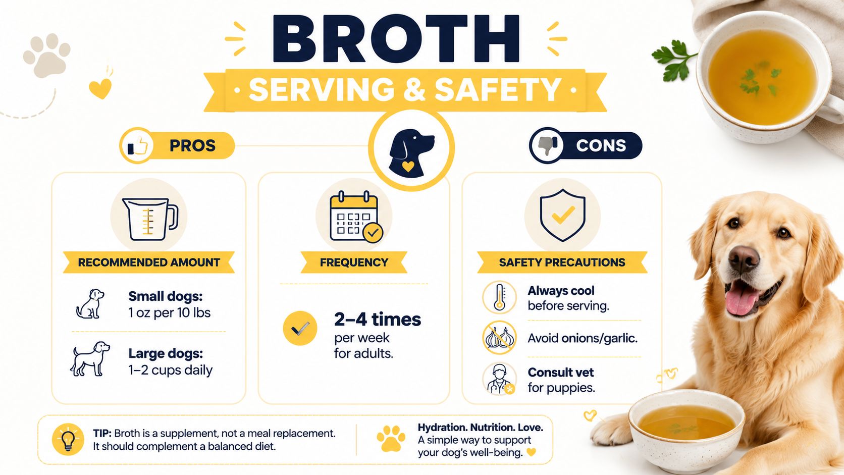 An infographic detailing safety, frequency, and serving guidelines for feeding homemade bone broth to dogs.