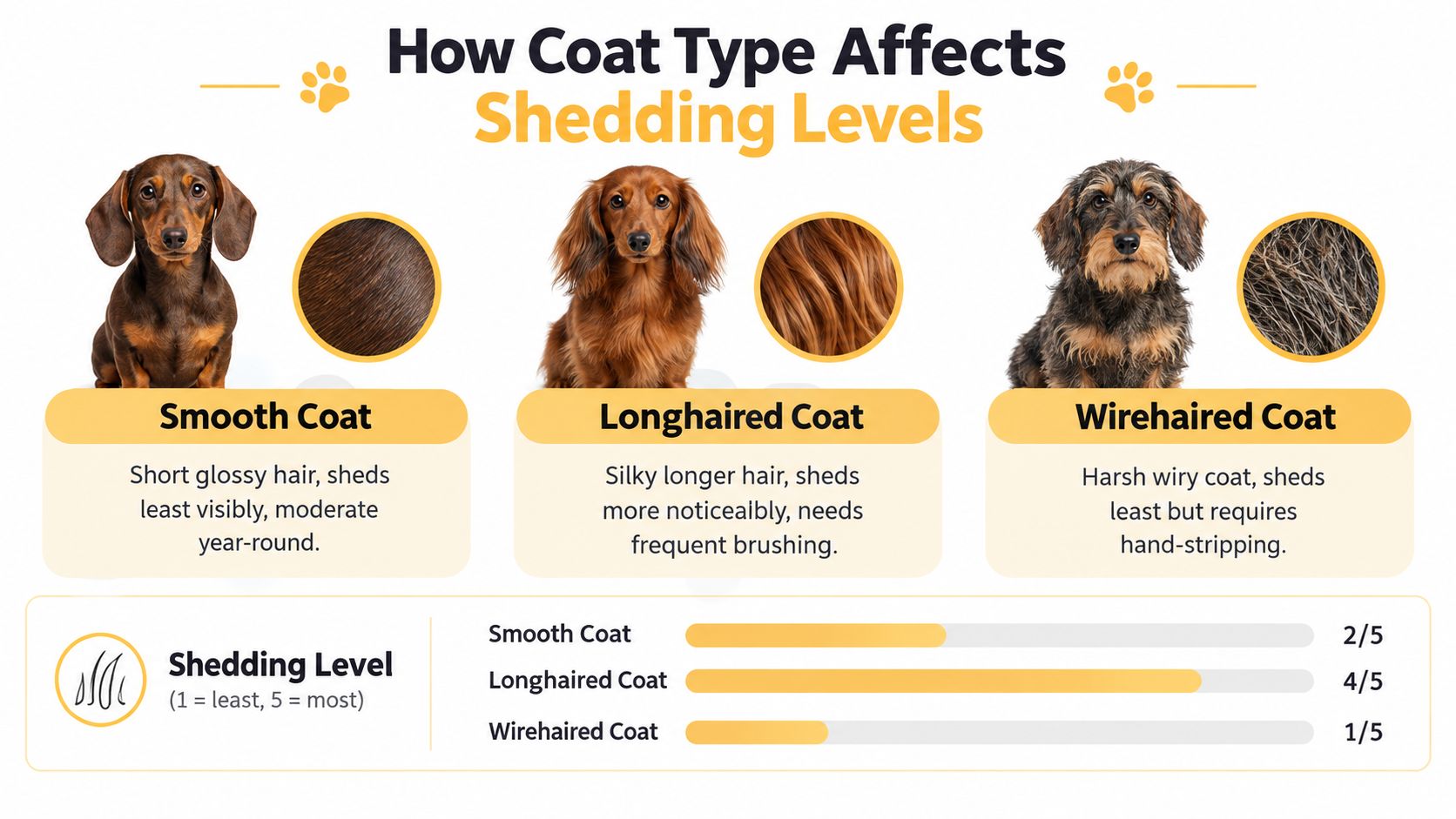 A comparison chart showing how different dachshund coat types, including smooth, longhaired, and wirehaired, affect shedding levels.