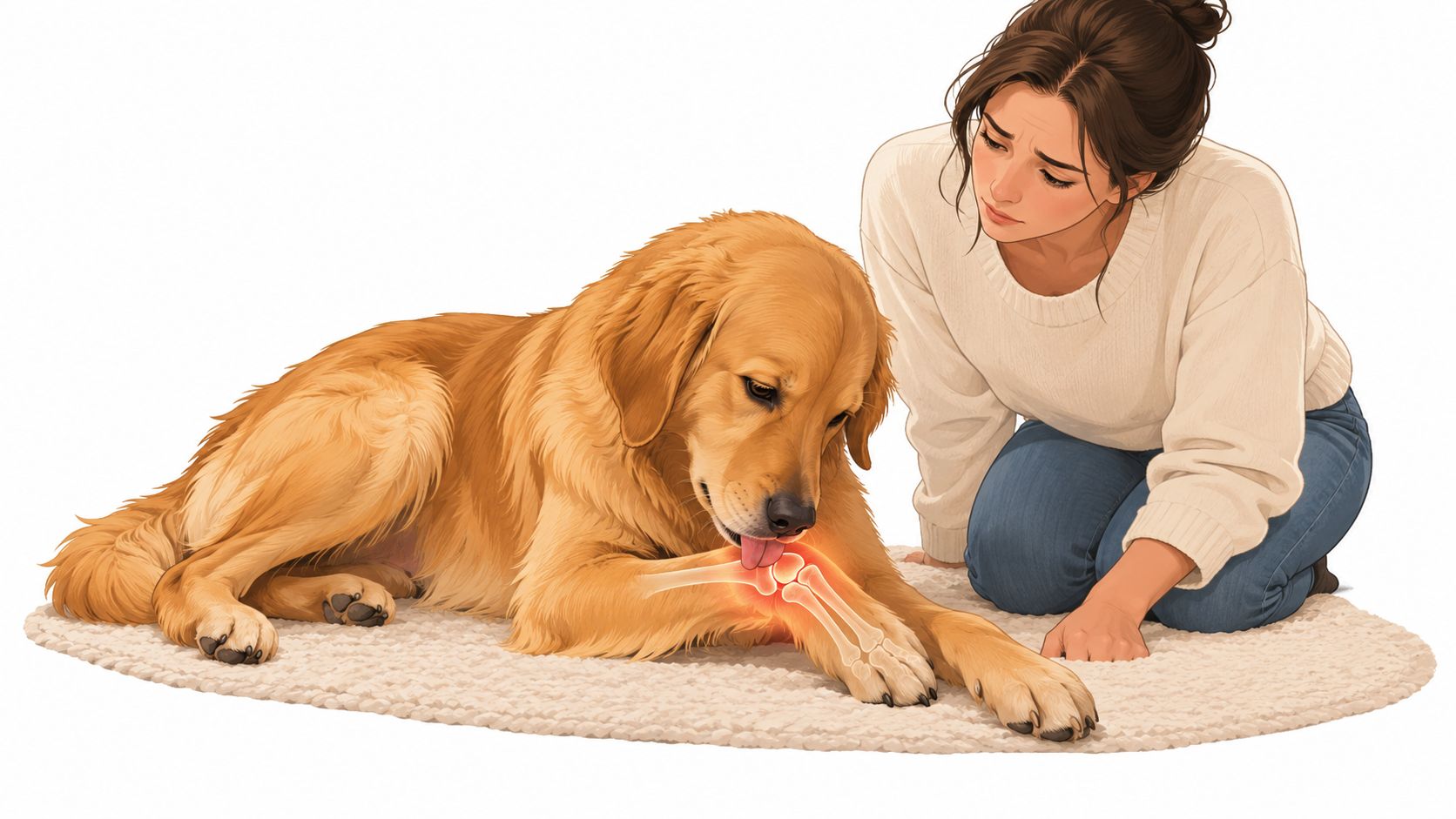 A concerned woman watches her golden retriever dog licking its inflamed front leg joint while indoors.