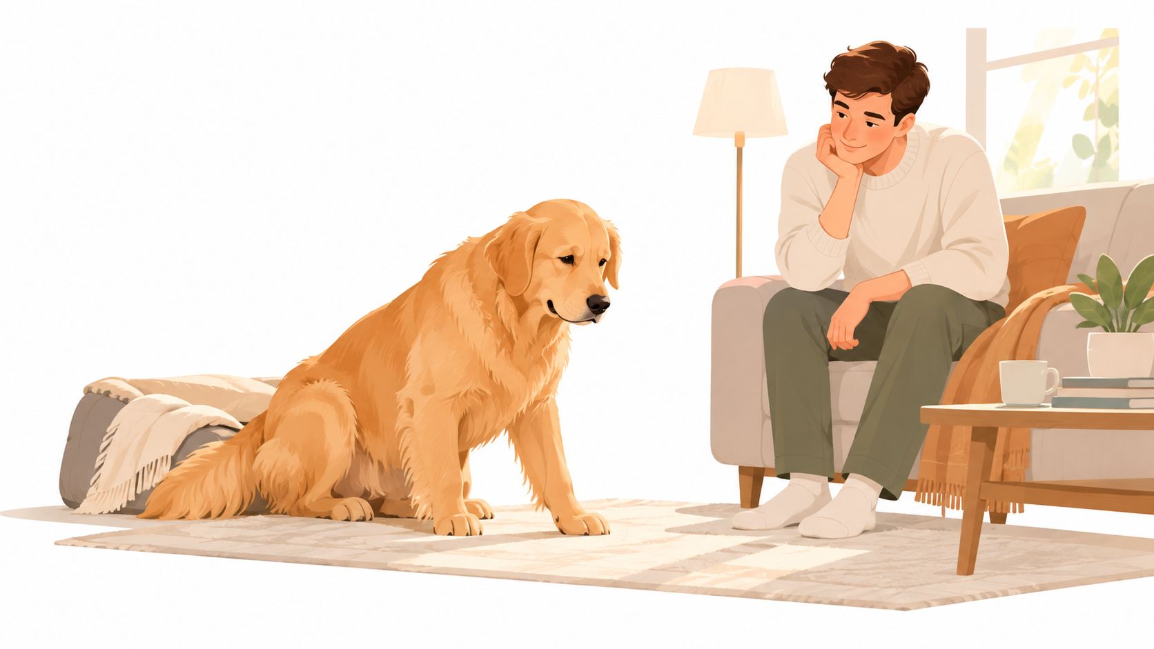A young man sits on a couch looking affectionately at his golden retriever dog sitting on a rug.