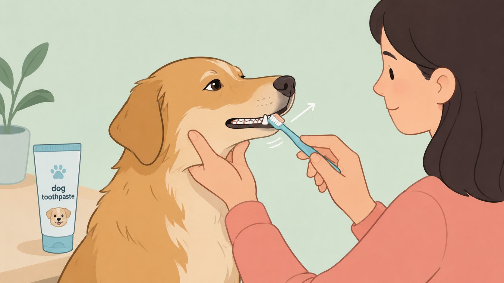 A woman gently brushing a brown dog's teeth with a blue toothbrush and pet-safe toothpaste.