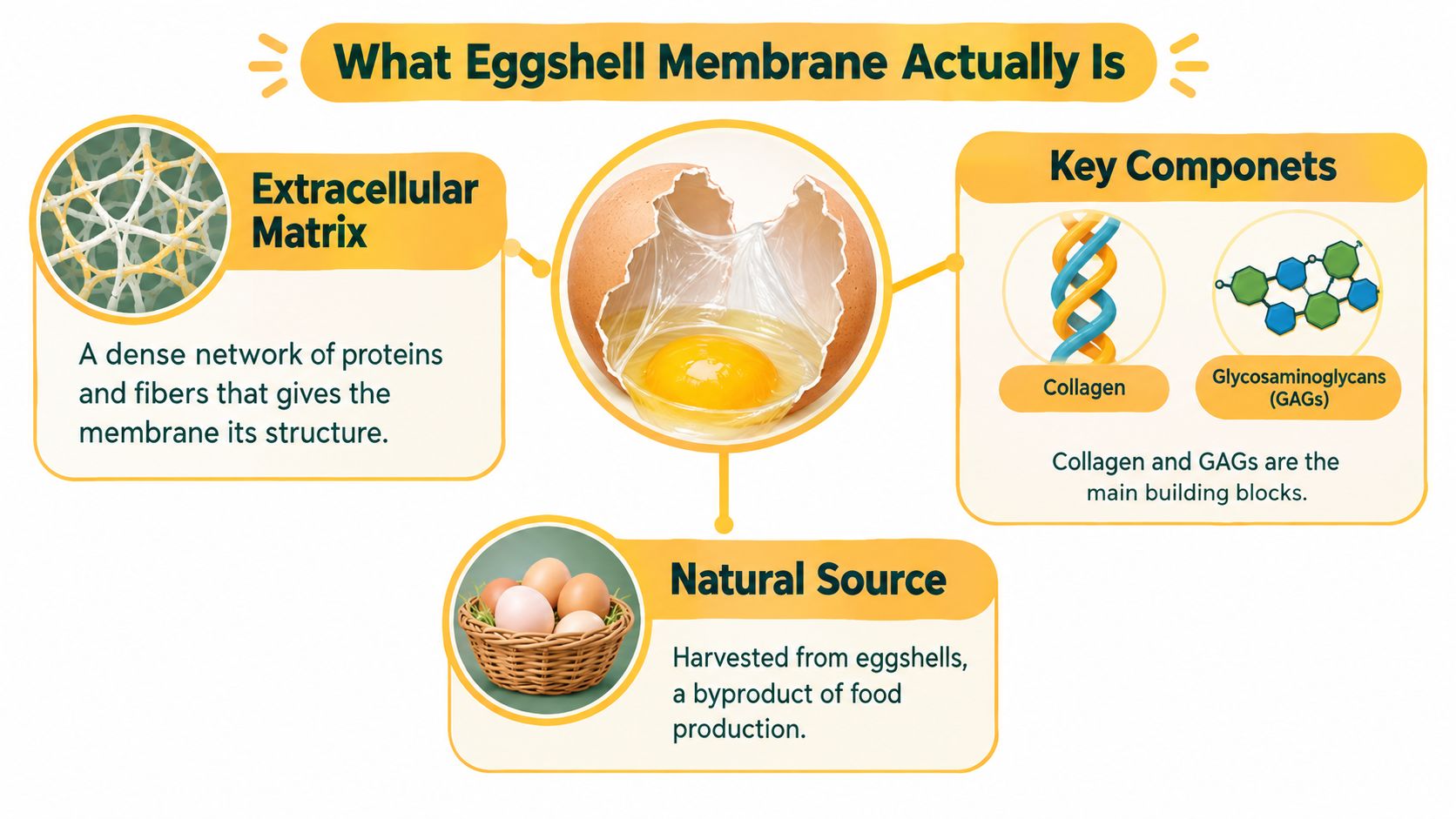 An infographic explaining that eggshell membrane is an extracellular matrix made of collagen and glycosaminoglycans from eggshells.