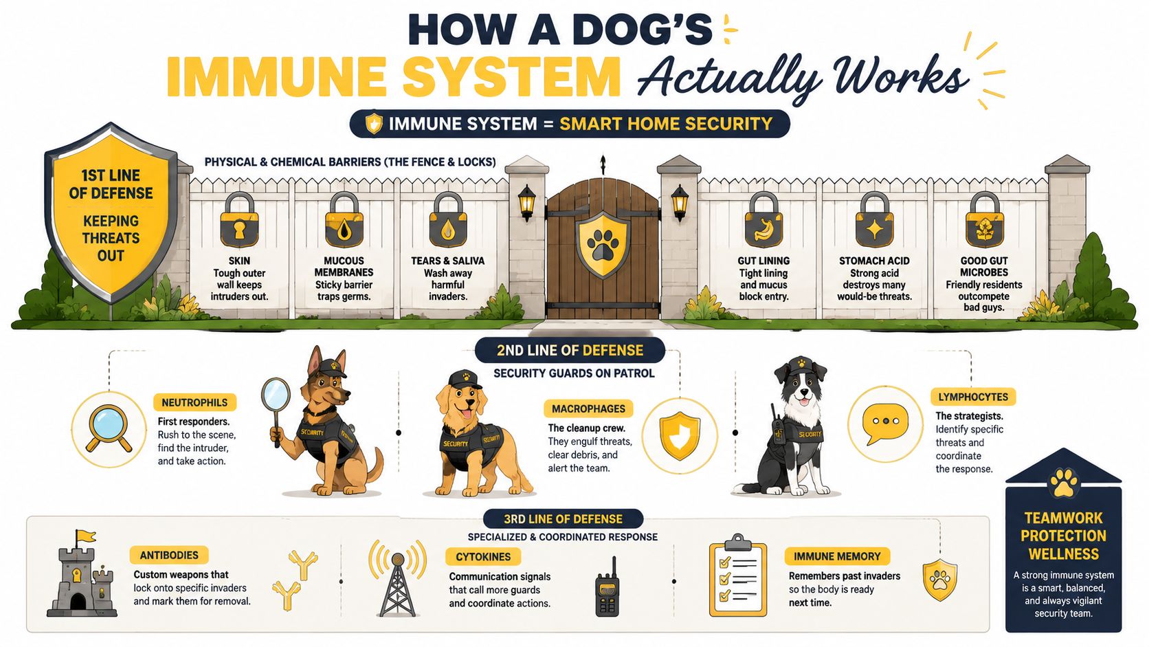 An infographic showing how a dog's immune system functions like a smart home security system.