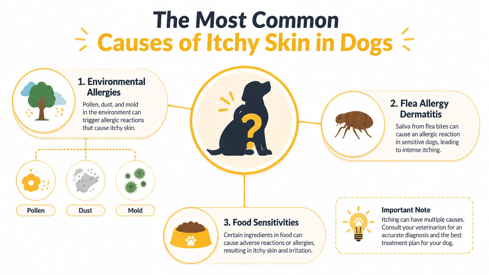 An infographic titled The Most Common Causes of Itchy Skin in Dogs, listing environmental allergies, fleas, and food.