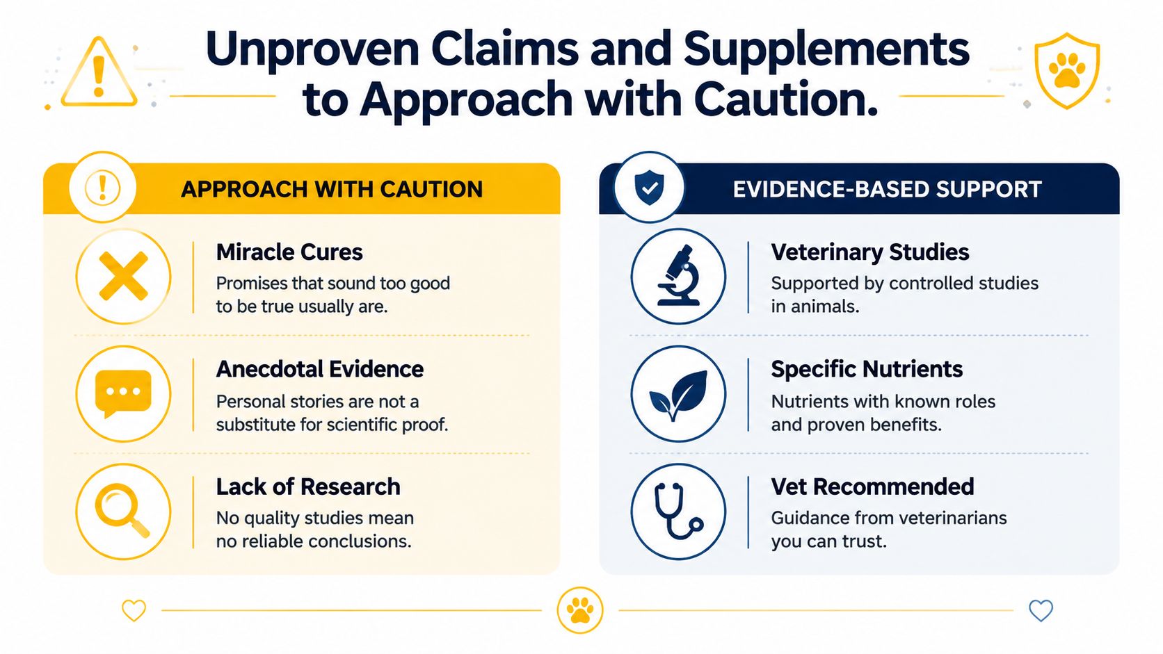 A comparison chart highlighting warning signs for unproven pet supplements versus characteristics of evidence-based veterinary support.