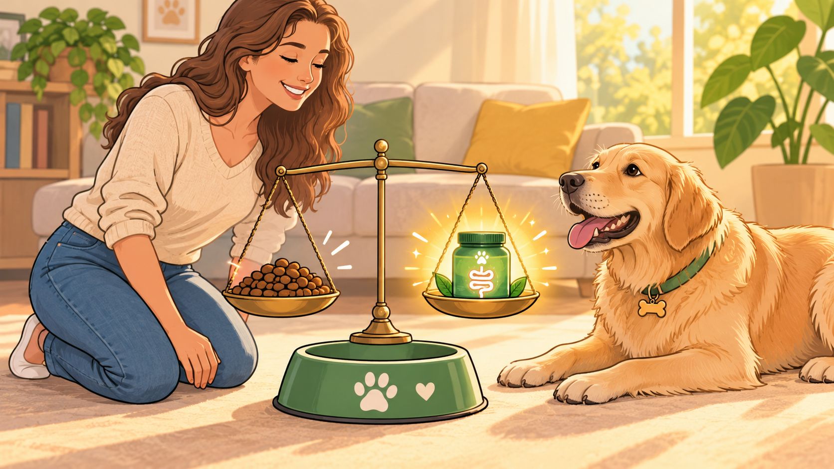 A woman looks at a scale balancing dog food and probiotic supplements for gut health at home.
