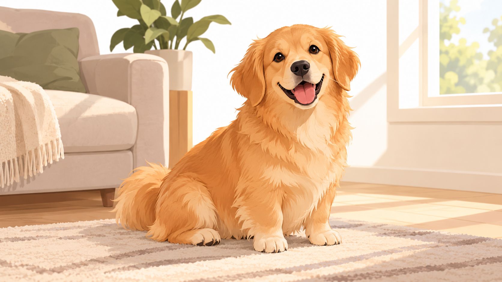 A happy, fluffy golden retriever and corgi mix sitting on a rug in a bright, cozy living room.