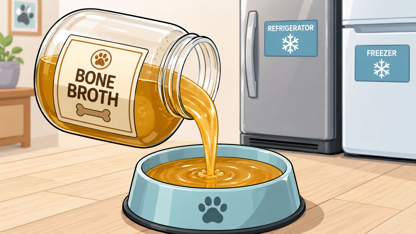 Bone broth being poured from a glass jar into a blue bowl for a pet dog.