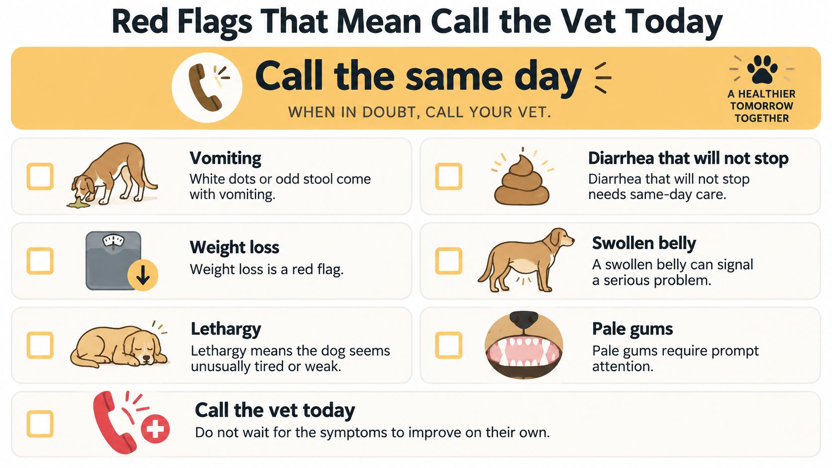 An infographic showing important red flag symptoms in dogs that indicate a need for same day veterinary care.
