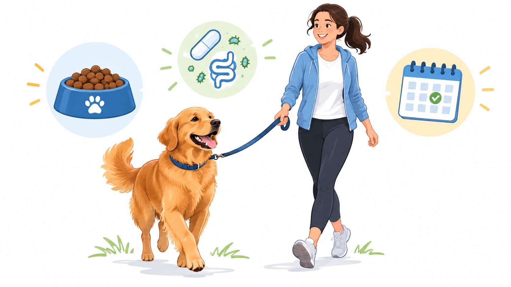 A woman walks her golden retriever, symbolizing holistic pet health care, diet, gut health, and consistent routine.