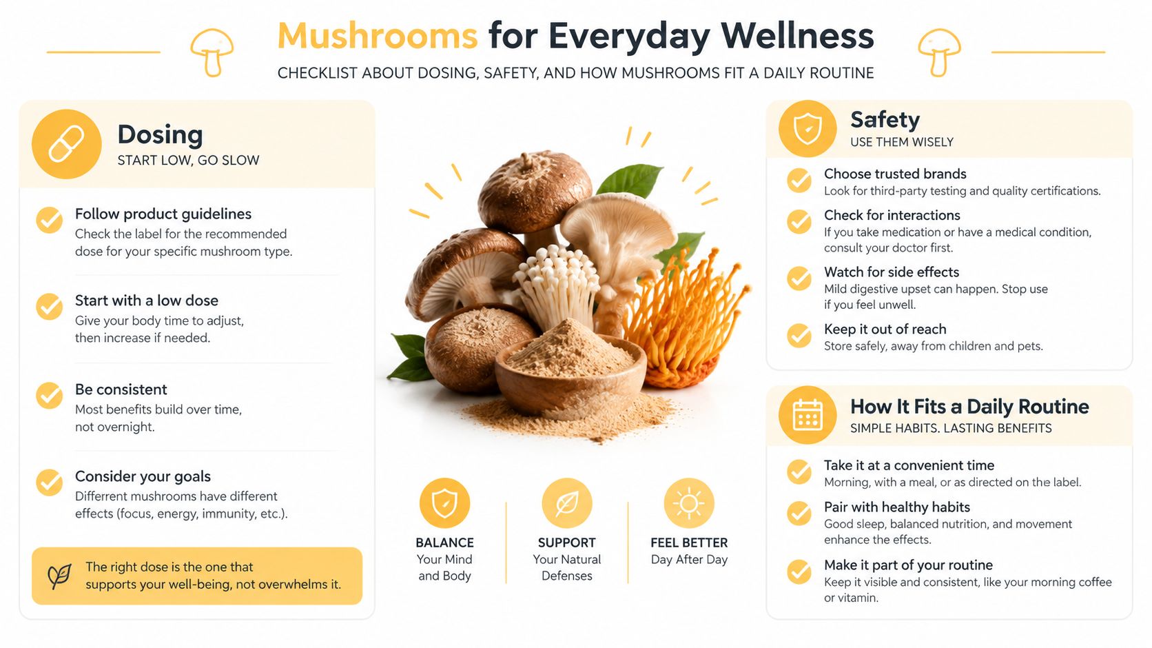 An infographic titled Mushrooms for Everyday Wellness providing safety, dosing, and daily routine advice for mushroom supplements.