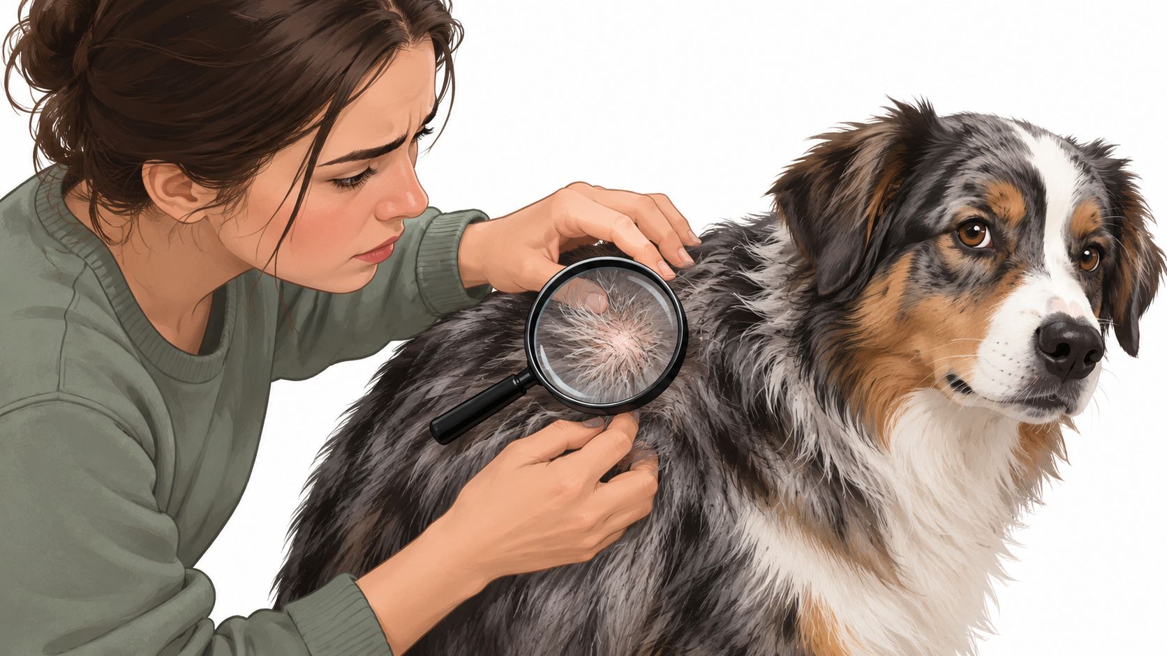 A concerned person examining a spot on an Australian Shepherd's coat using a magnifying glass.