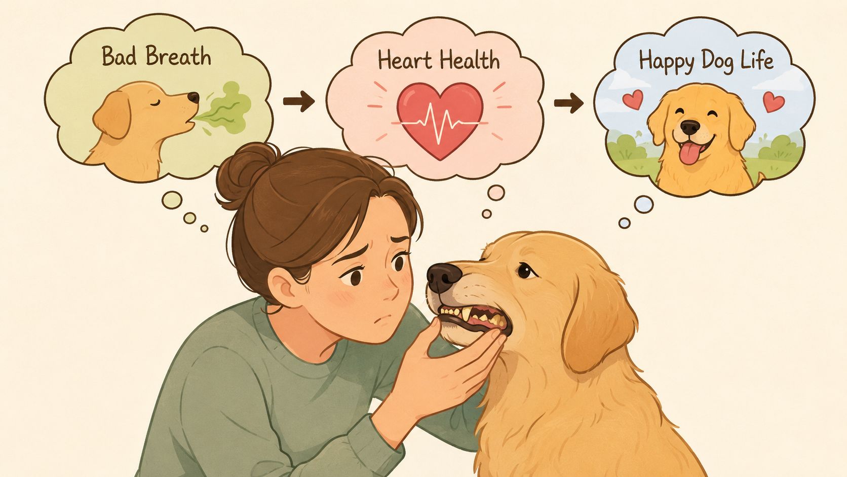 A woman checking a golden retriever dog's teeth with thought bubbles about oral hygiene and health.