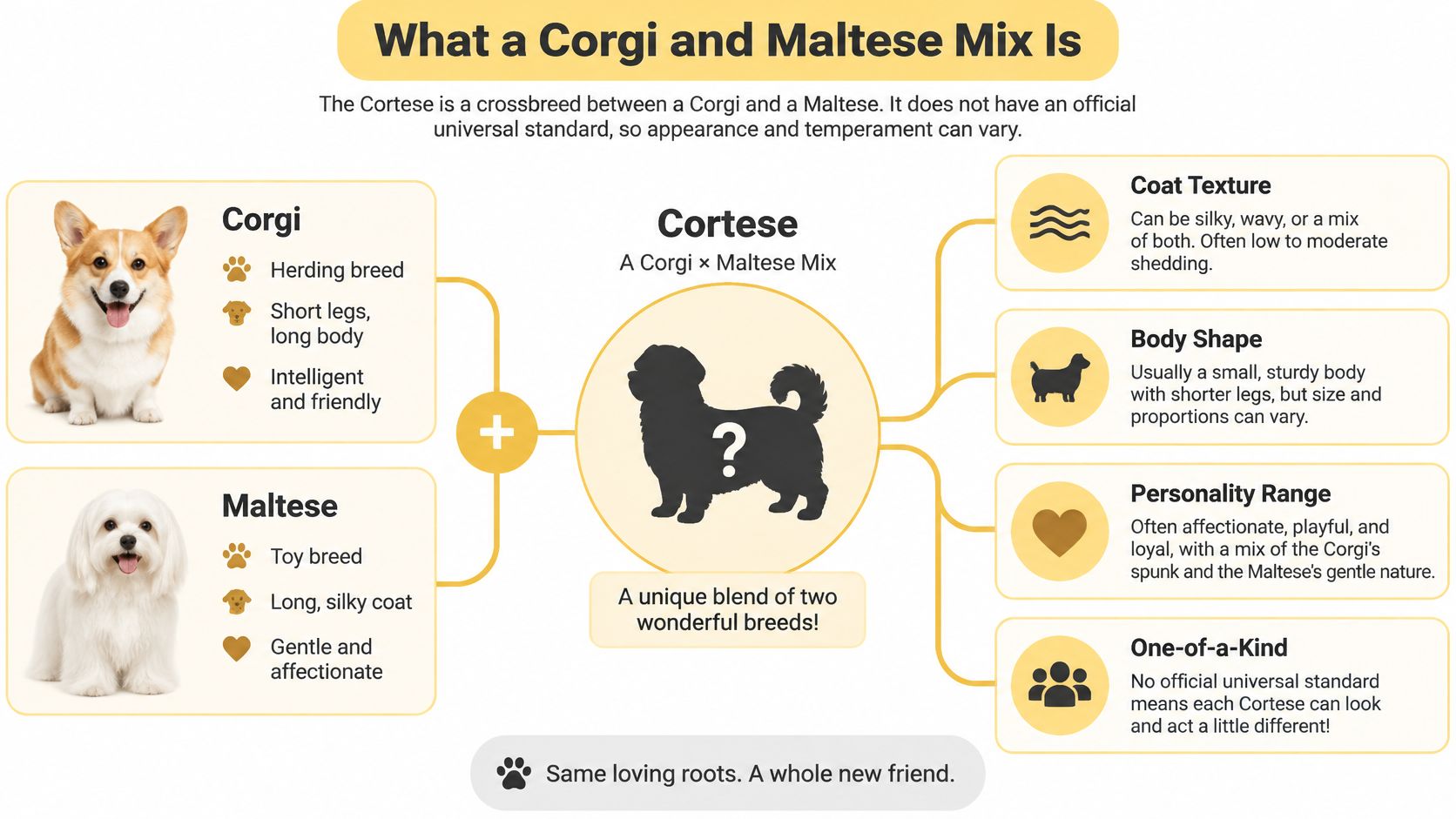 An infographic explaining the characteristics of the Cortese, a crossbreed between Corgi and Maltese dog breeds.