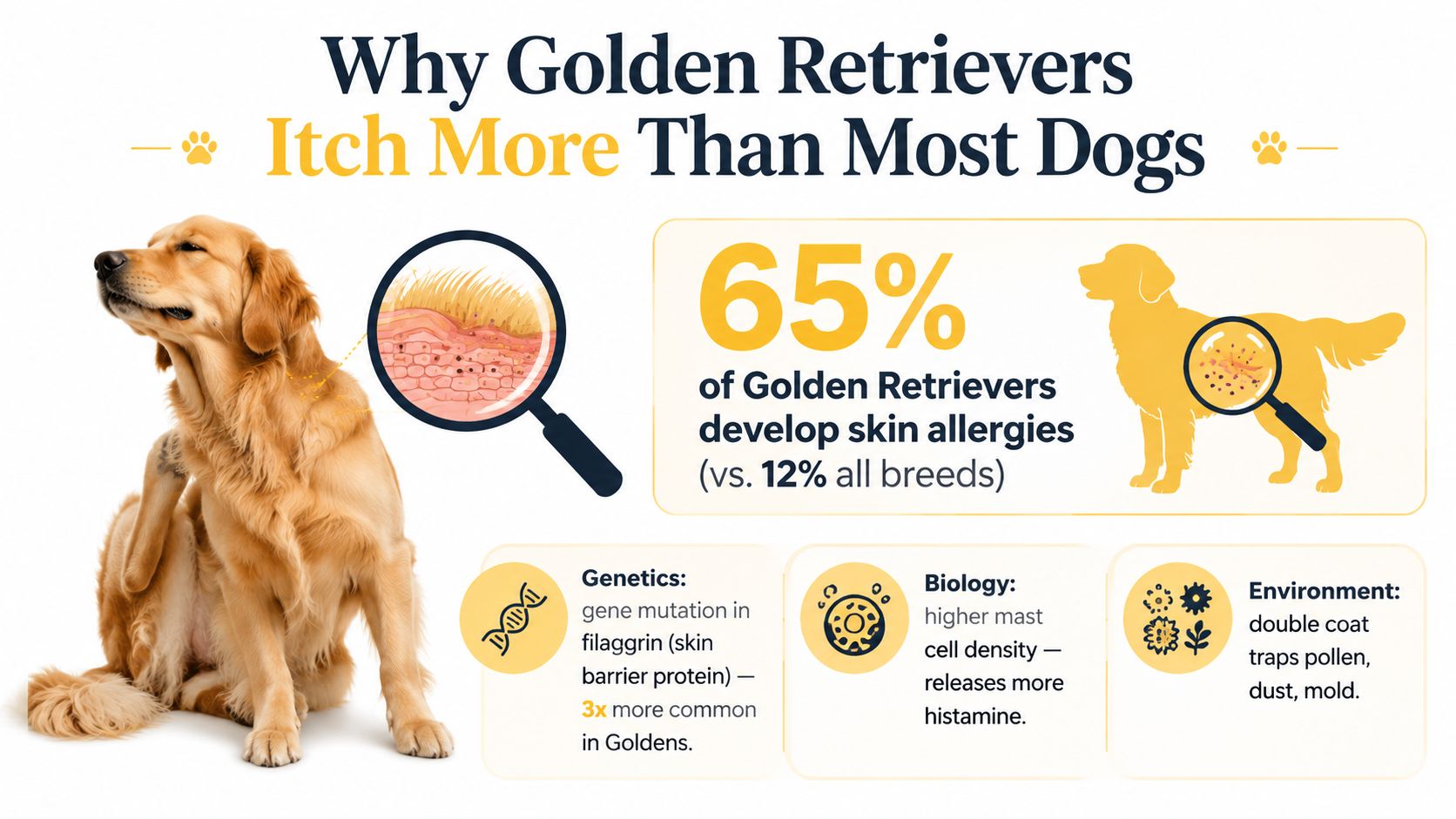 An infographic explaining why Golden Retrievers are prone to skin allergies due to genetics, biology, and environment.