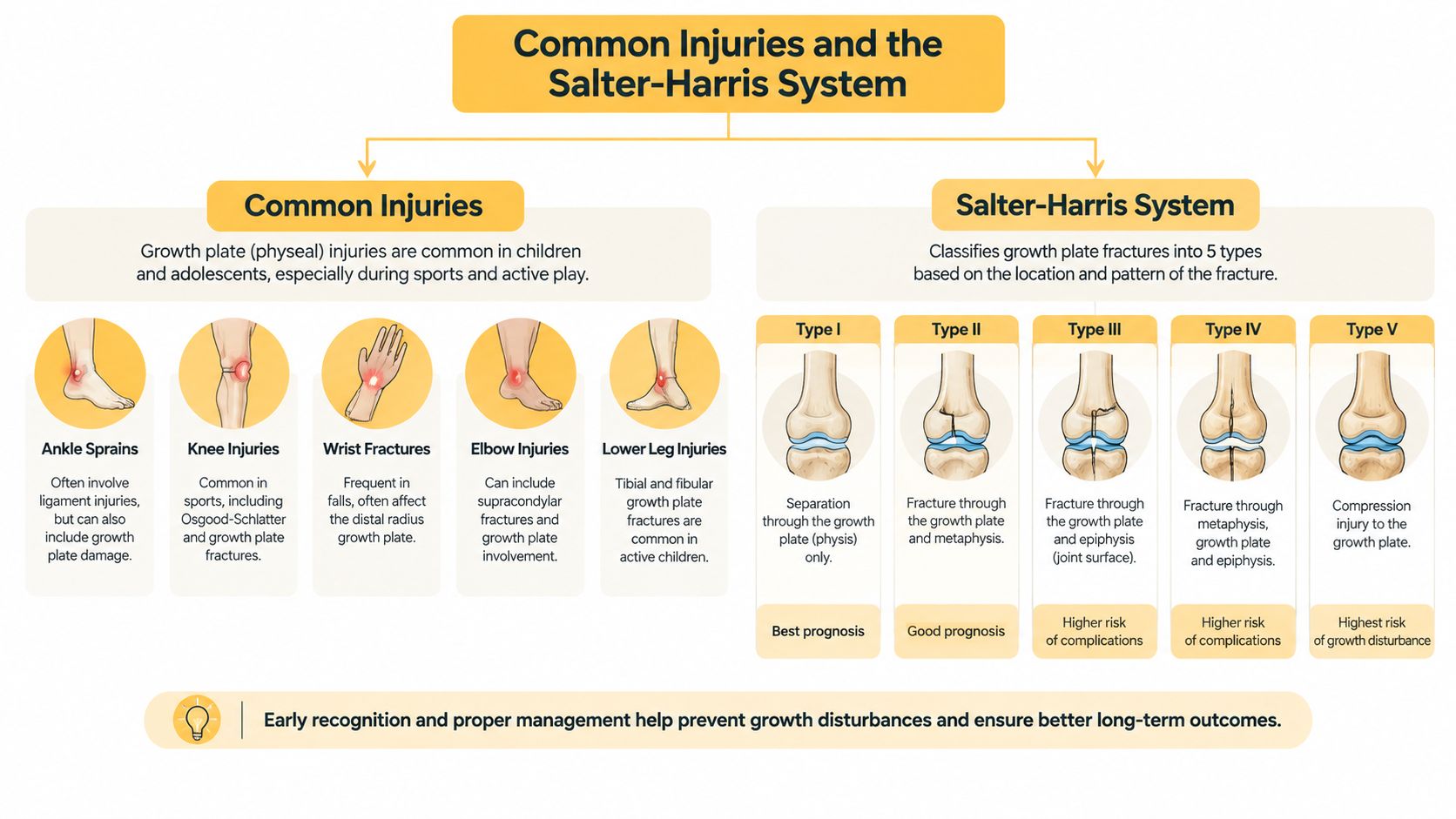 An educational infographic explaining common pediatric bone injuries and the five types of Salter-Harris growth plate fractures.