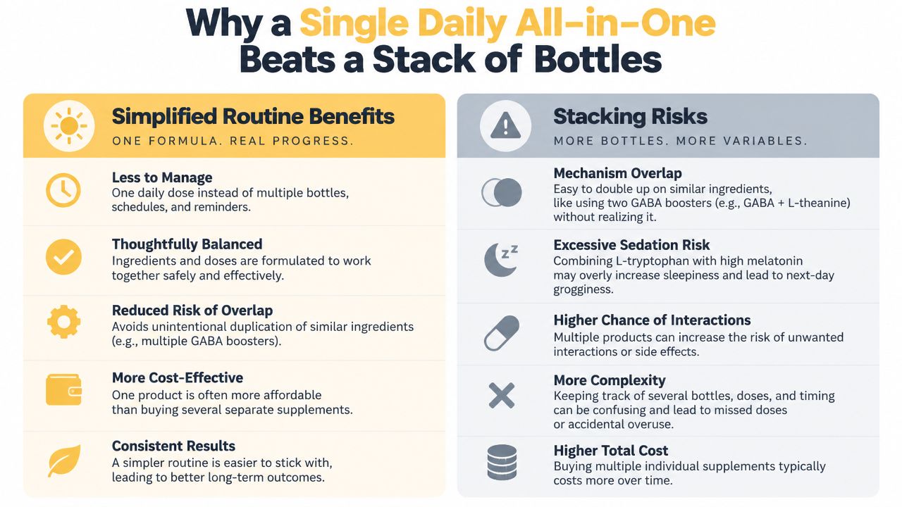 A comparison chart showing the benefits of a single all-in-one supplement formula versus a stack of bottles.