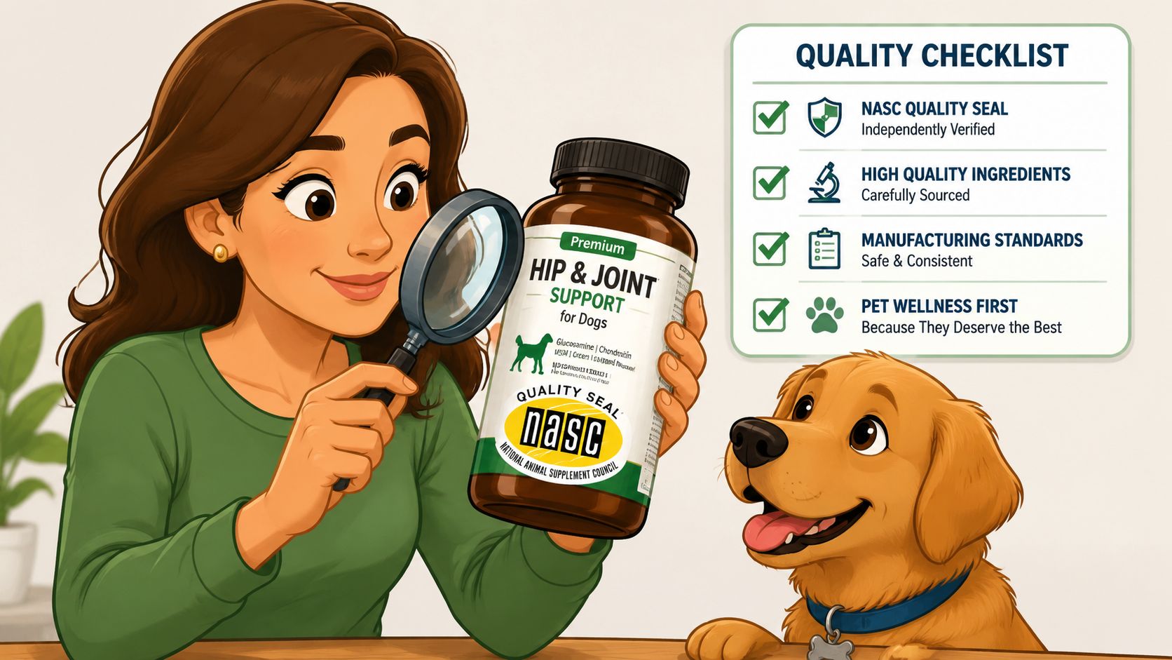 A woman using a magnifying glass to check a bottle of hip and joint dog supplements.