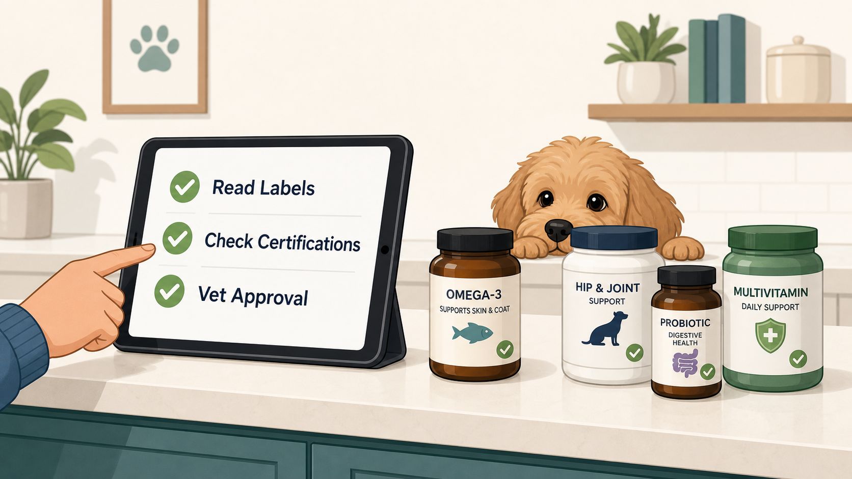 A person checking a tablet with a checklist next to several bottles of canine health supplements.