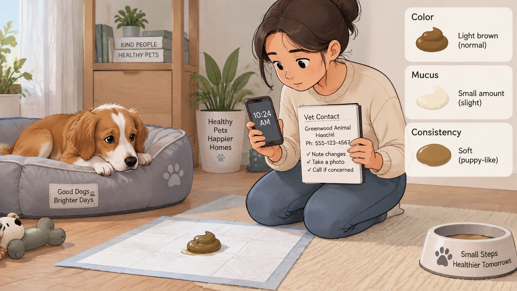 A woman checking a puppy's stool on a training pad with a vet contact list nearby.
