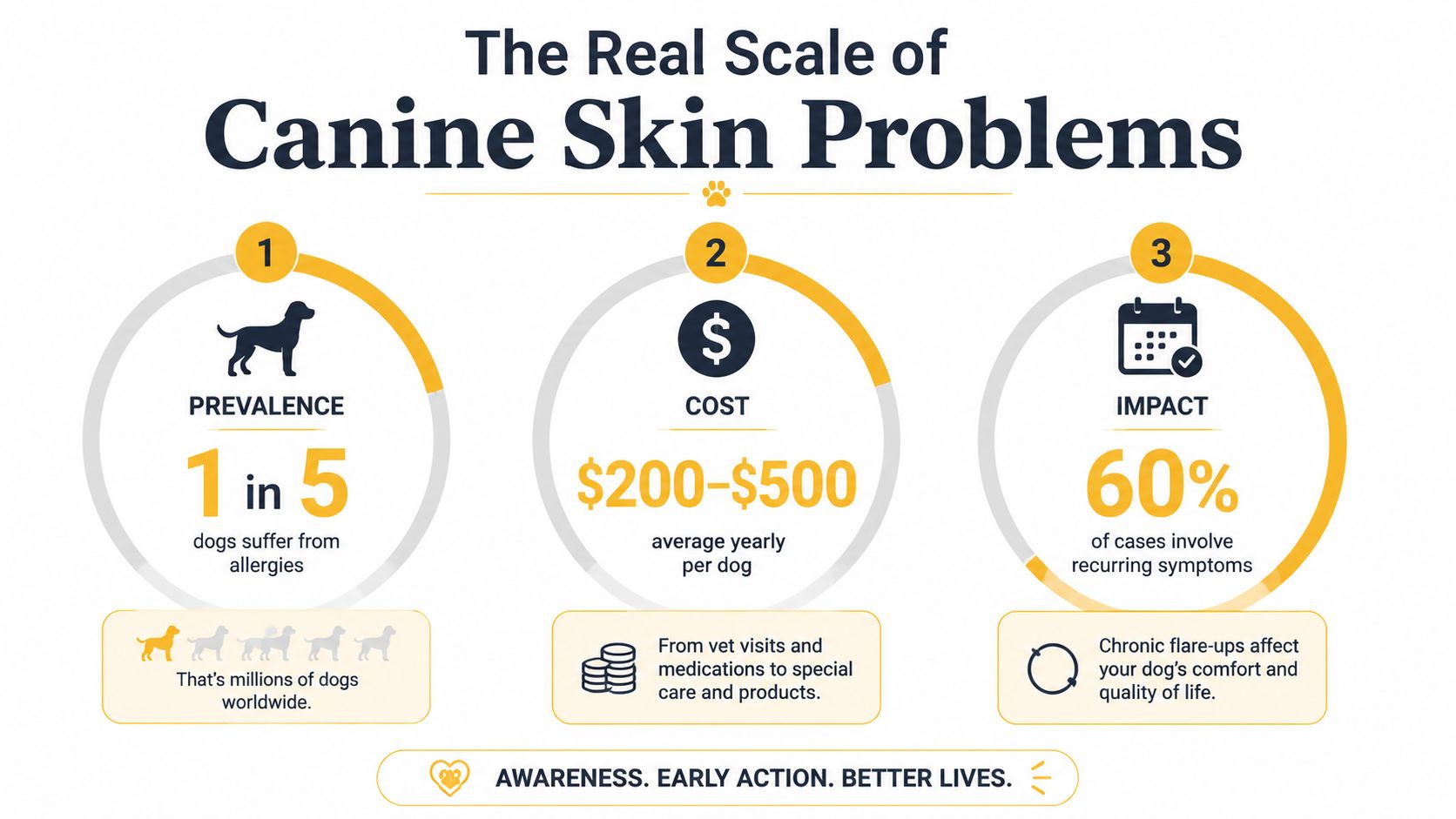 An infographic titled The Real Scale of Canine Skin Problems, highlighting allergy prevalence, treatment costs, and health impact.