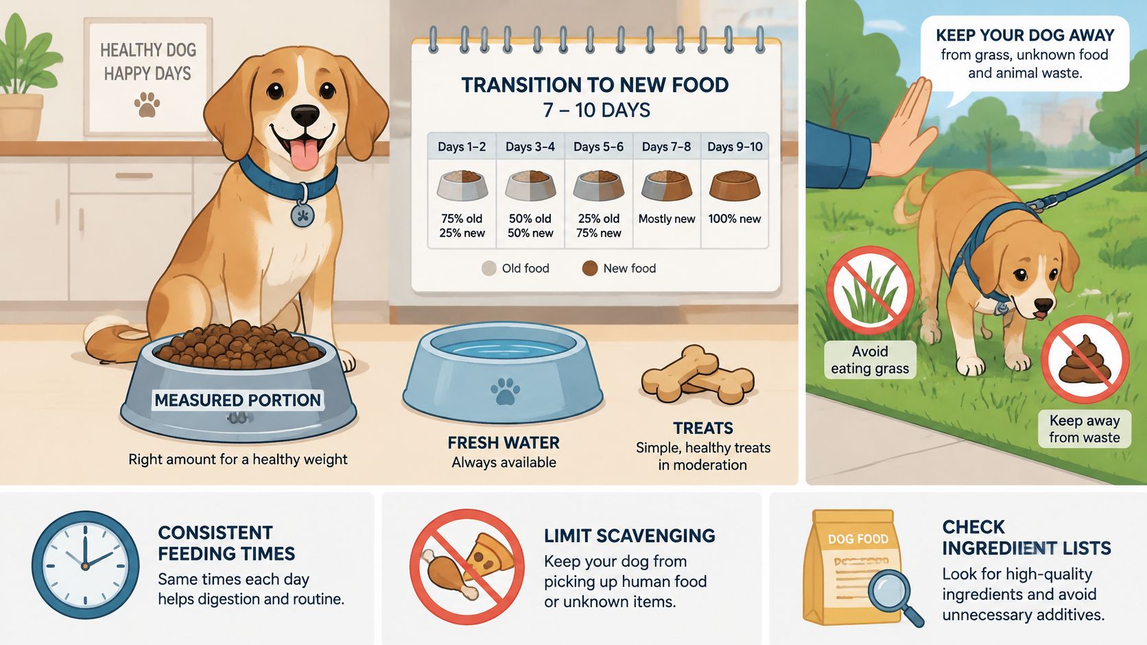 An infographic detailing healthy dog feeding habits, food transition schedules, and tips for preventing digestive issues.