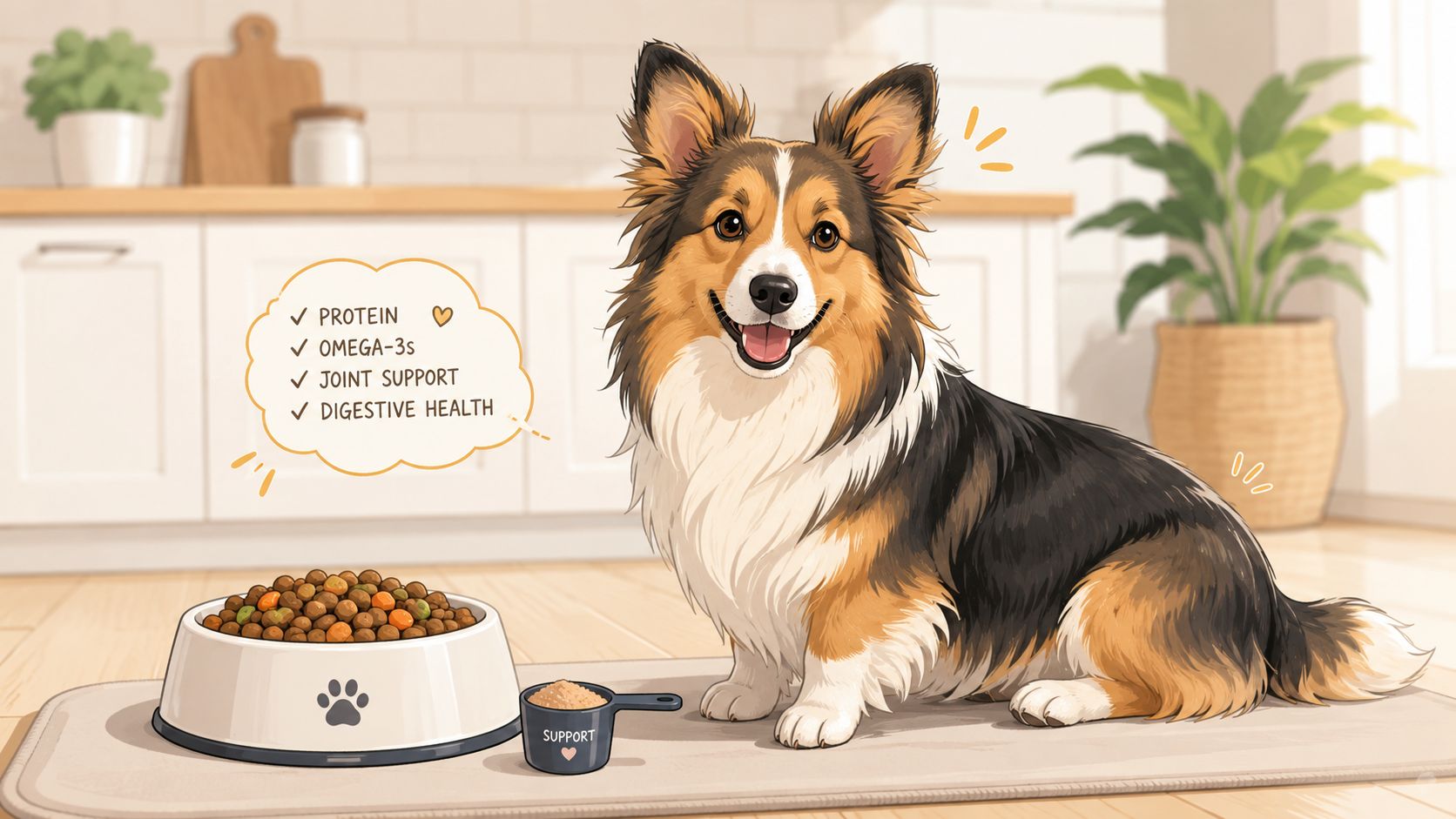 A happy mixed-breed dog sitting next to a bowl of dry kibble and a measuring cup.