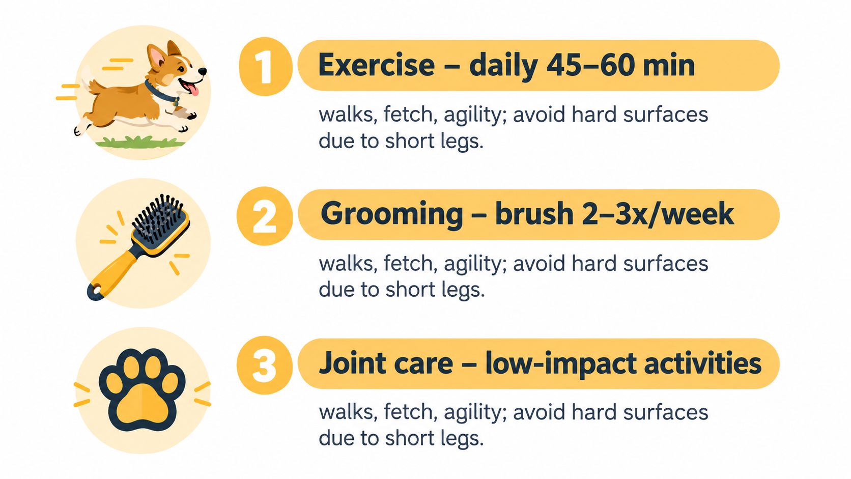 An infographic showing tips for caring for a Corgi, including exercise, grooming, and joint care advice.