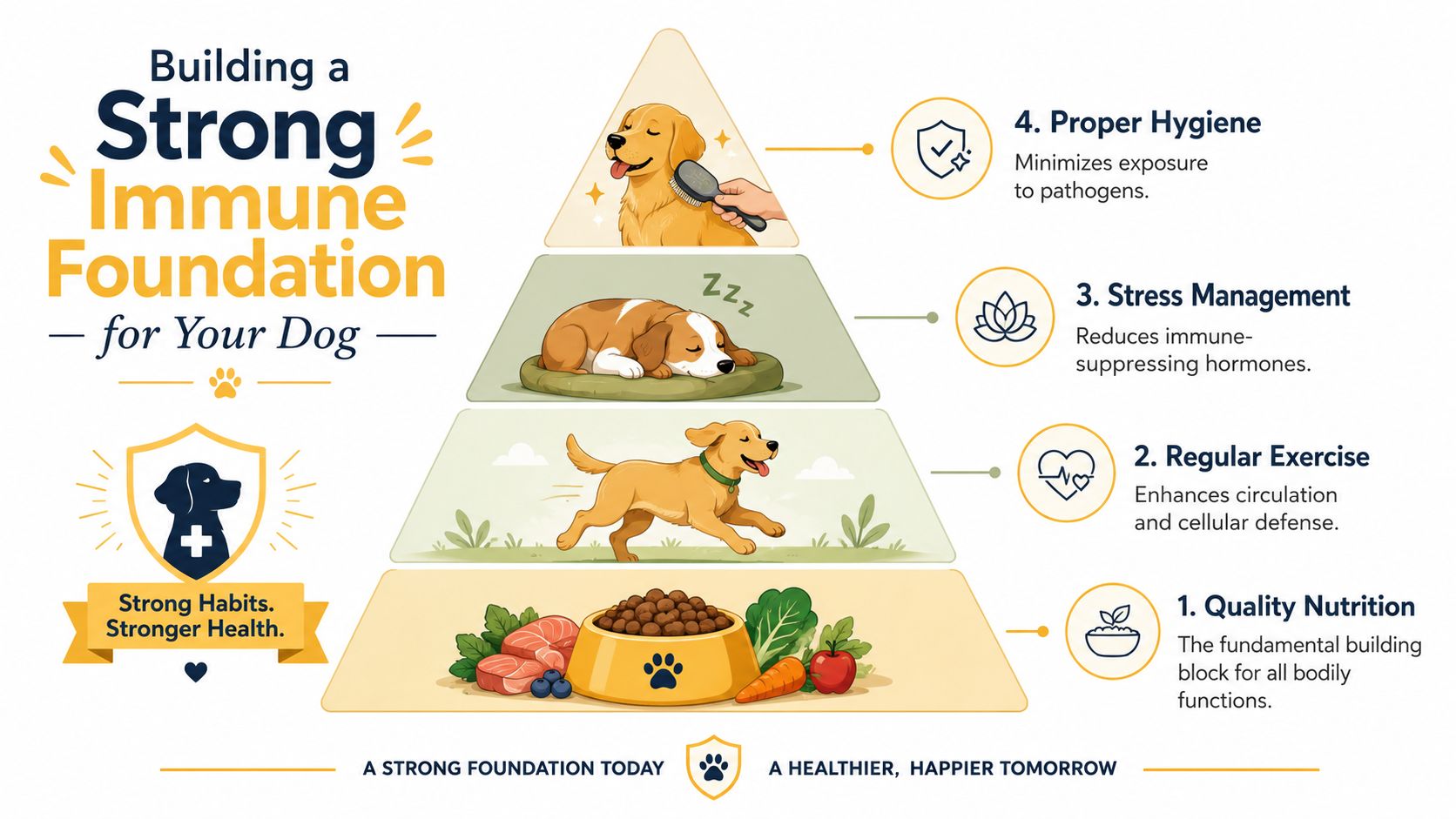 An infographic pyramid illustrating four key habits for building a strong immune foundation for your dog.