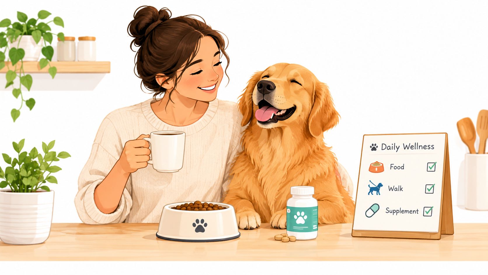 A happy woman sharing a moment with her golden retriever dog beside a daily wellness checklist.