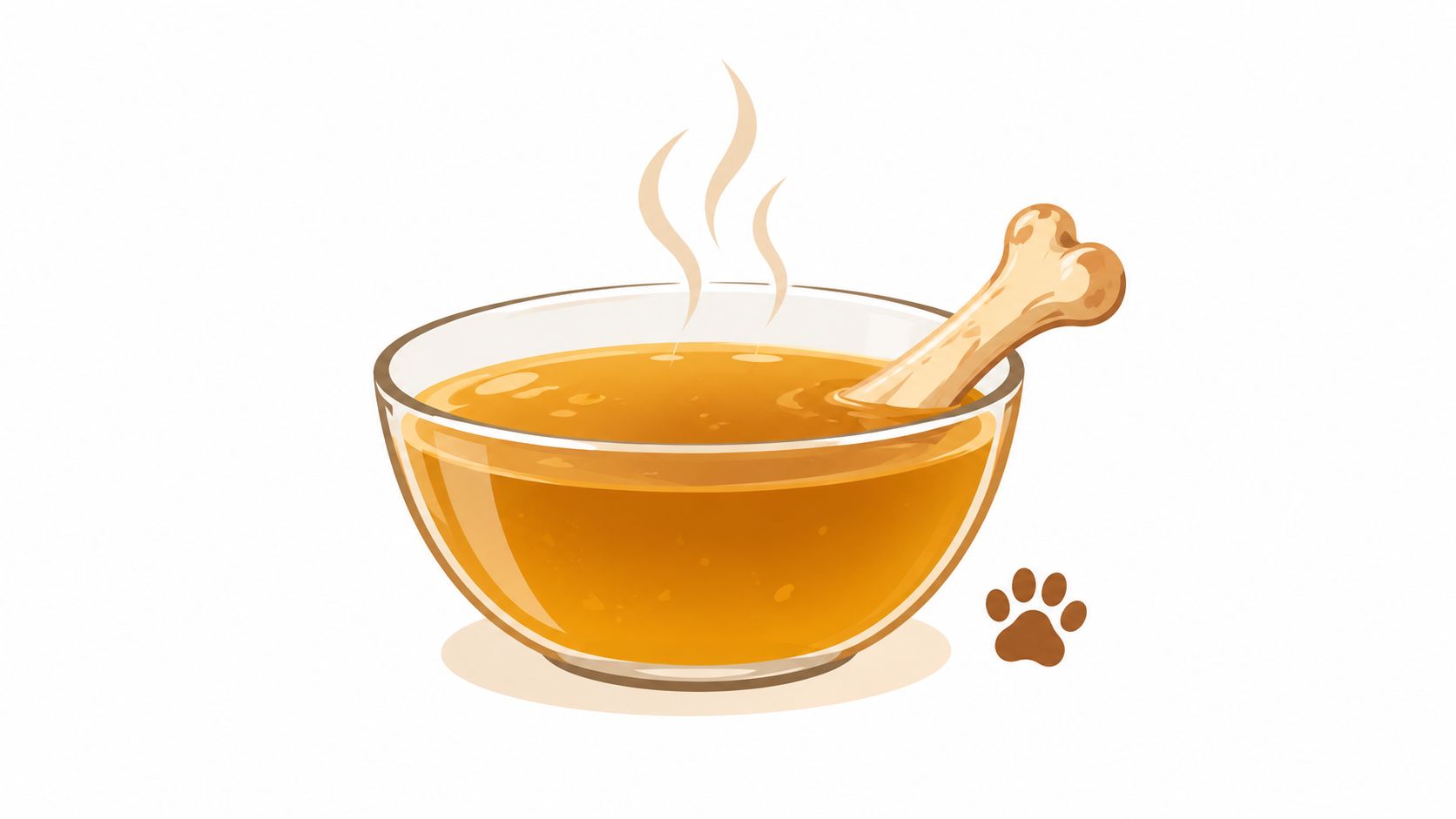 A clear glass bowl filled with warm, golden bone broth containing a single large animal bone.
